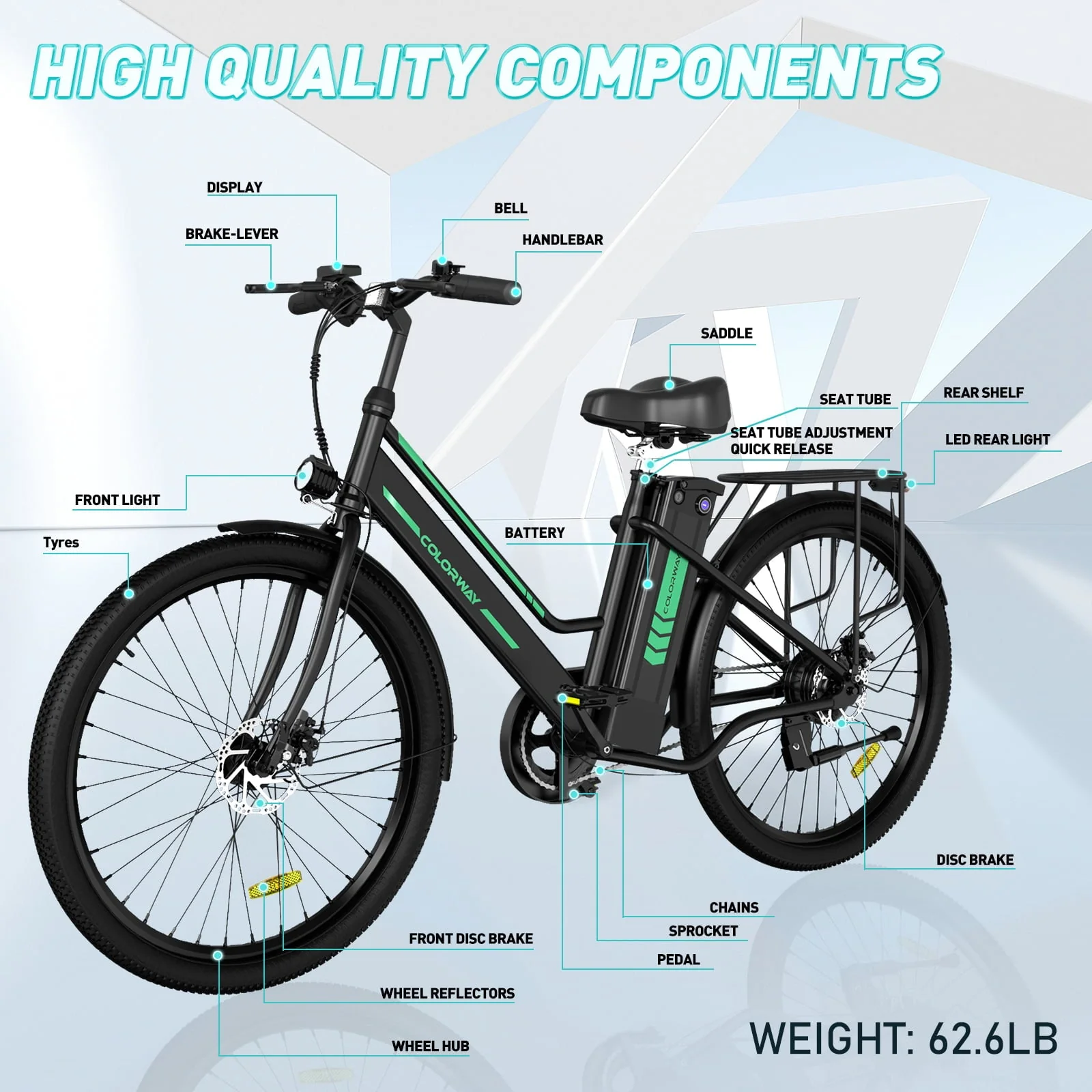 COLORWAY 26in Electric Bike, 500W, 36V 12Ah