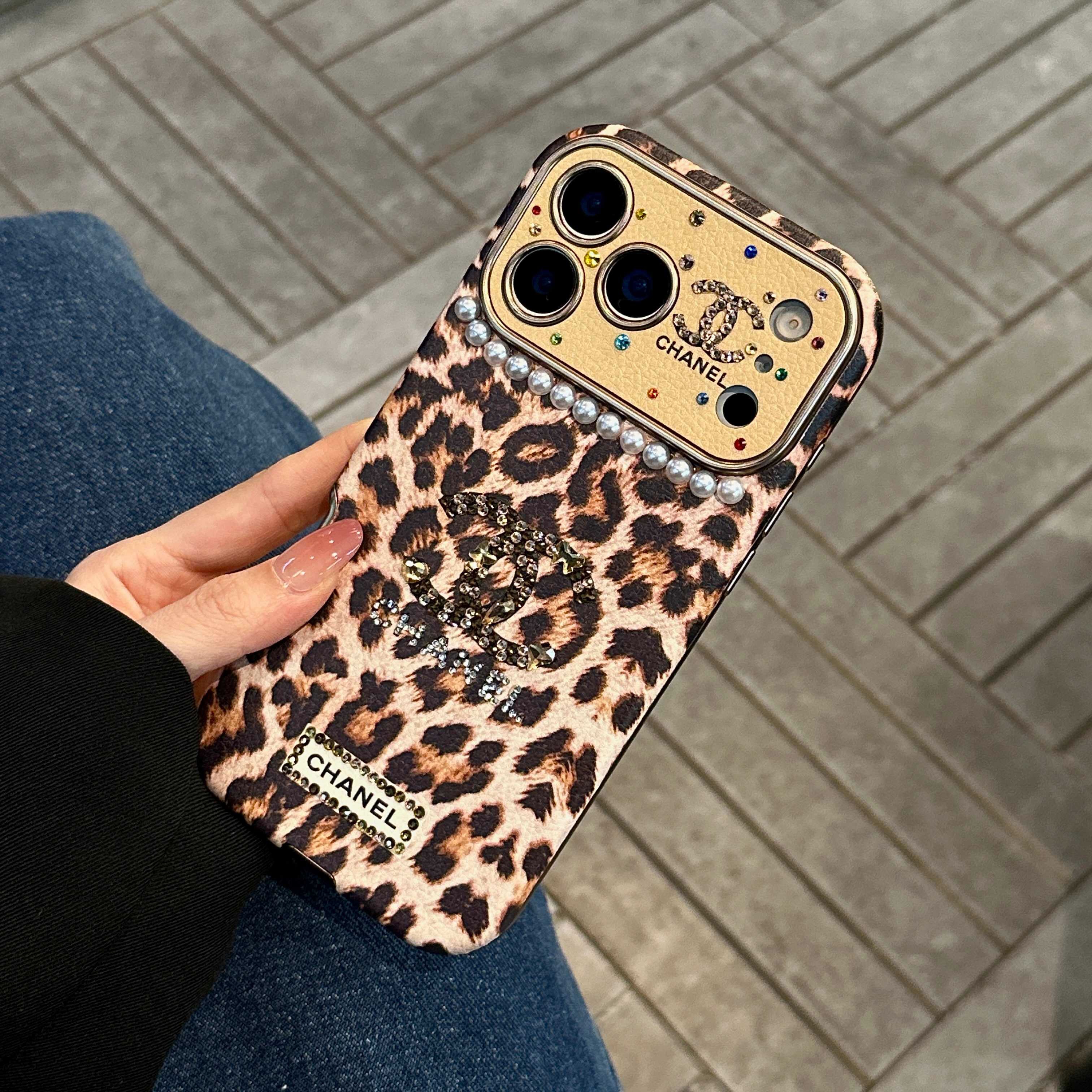 Leopard Print Rhinestone CC Logo Pearl Trim Luxury Shockproof iPhone Case With Crystal Wrist Chain