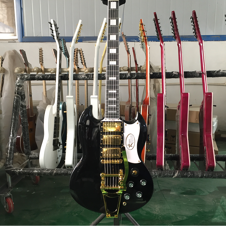 Hot Electric Guitar Black H-H-H Pickups Tremolo Bridge Mahogany Body