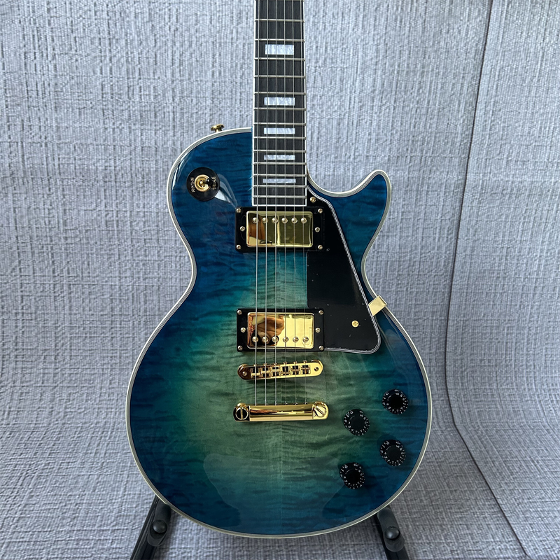 LP Blue Electric Guitar Gold Parts Black Pickguard Fixed Bridge 6 Strings