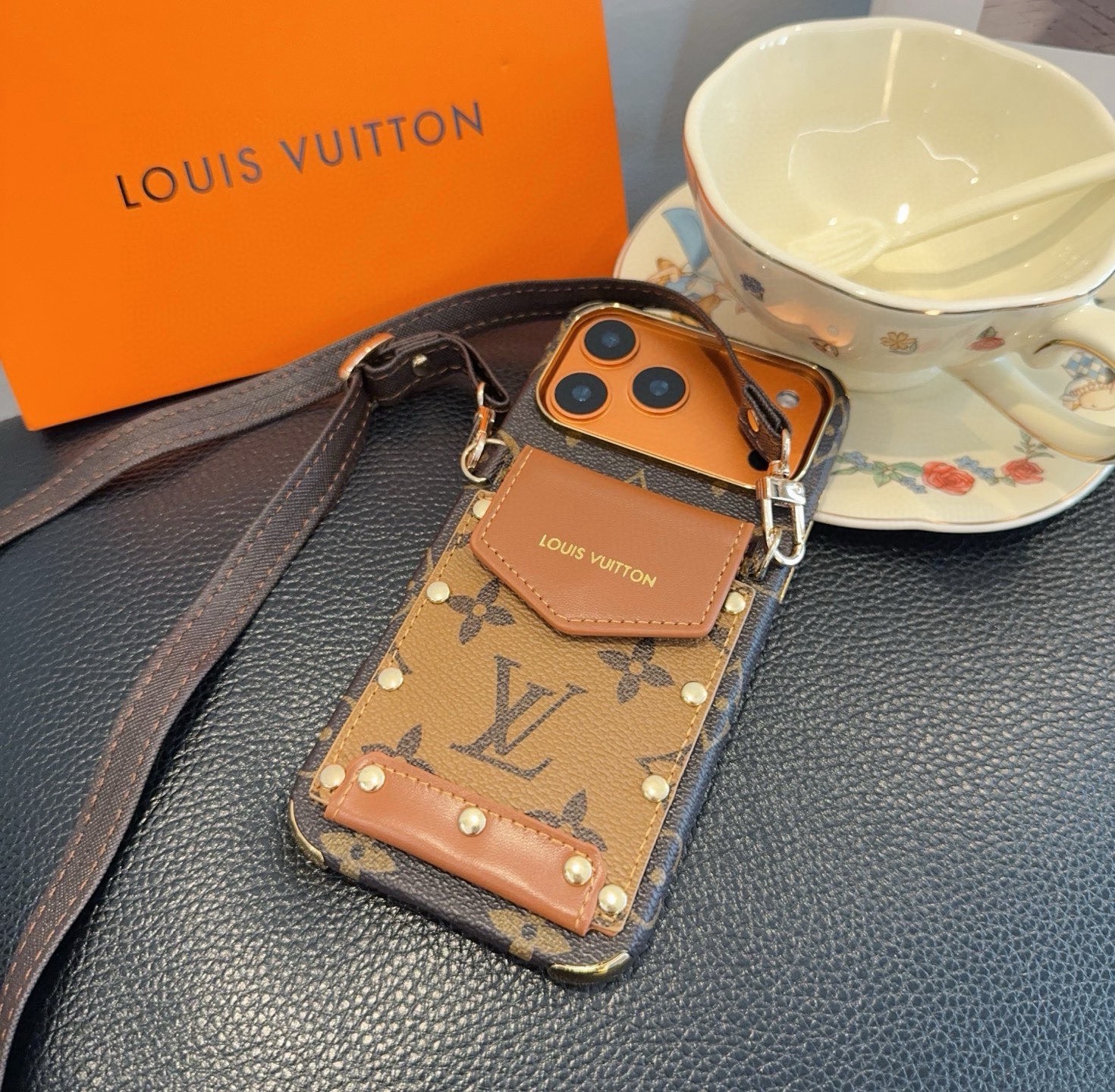 Louis Vuitton Style Monogram Card Holder Crossbody Phone Case With Rivet Detail