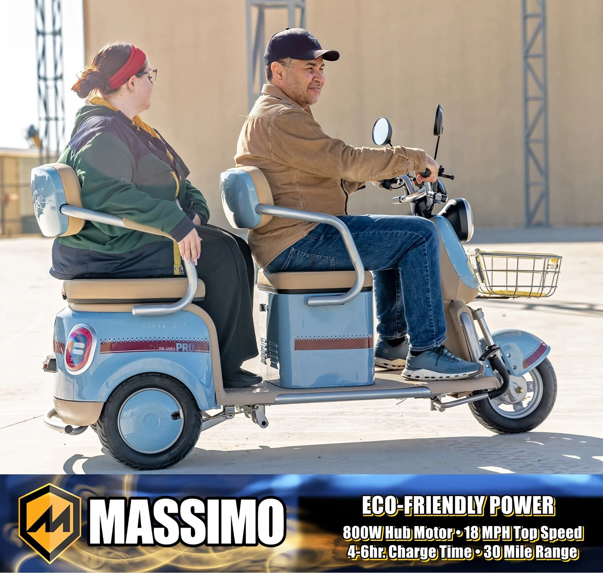 Massimo MGC Two-Seat 3-Wheel Electric Cart, Blue