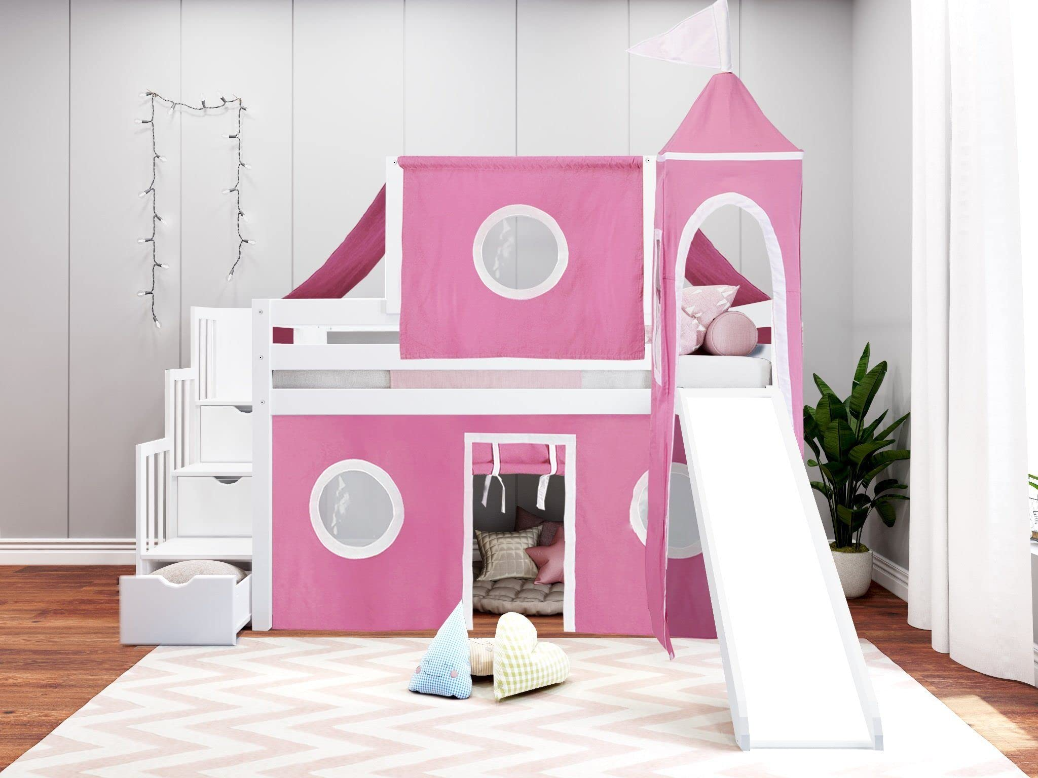 Princess Low Loft Stairway Bed with Slide Pink & White Tent &