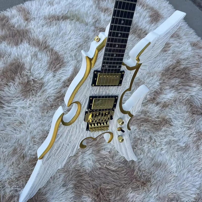 Engraved Angel Wings 6-string Split Electric Guitar, White Body with Gold Rim