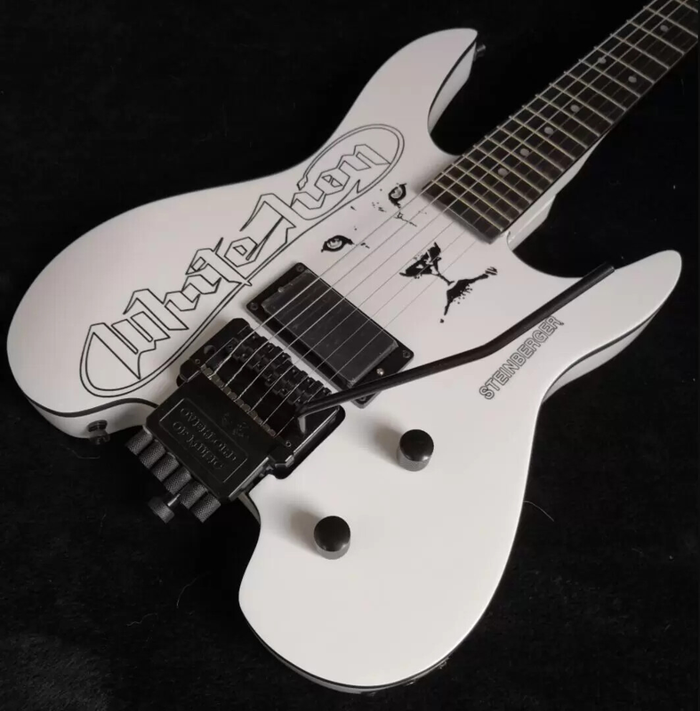 Hand Painted Lion White Headless Electric Guitar Vibrato Bridge&percussion Stick