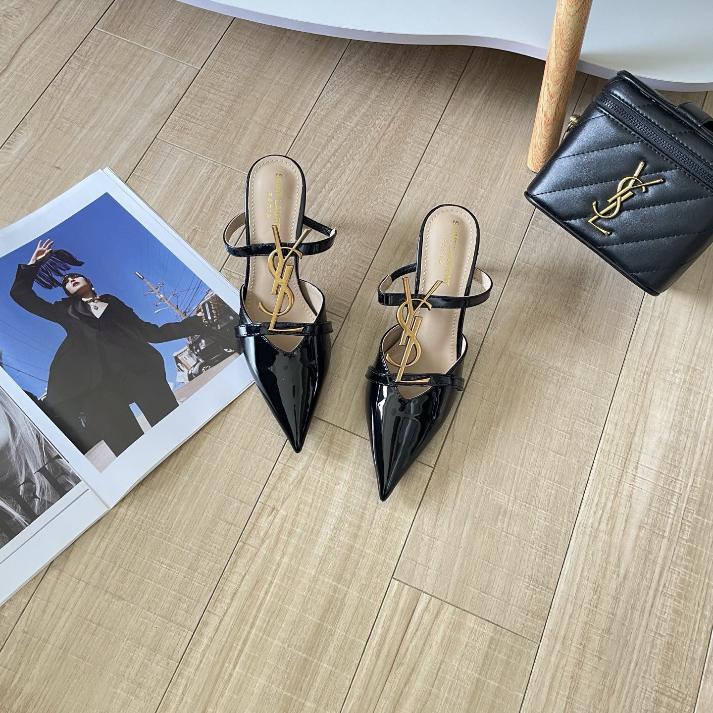 YSL 26P Letter Buckle Pointed-Toe Sandals