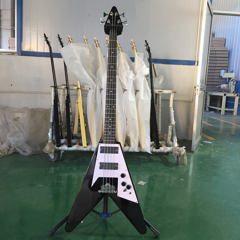 Black Flying V Electric Bass Guitar Solid Body HPL Fretboard HH Pickups 21 Frets
