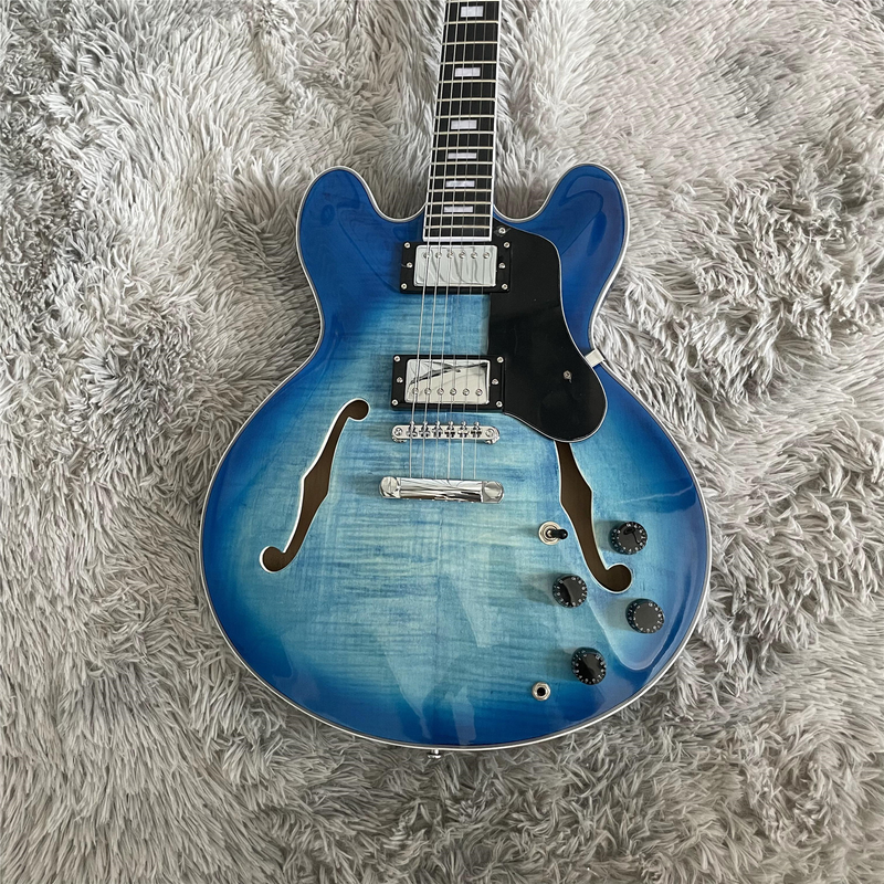 6 String Blue Semi Hollow Body Electric Guitar Mahogany Body Chrome Hardware Top
