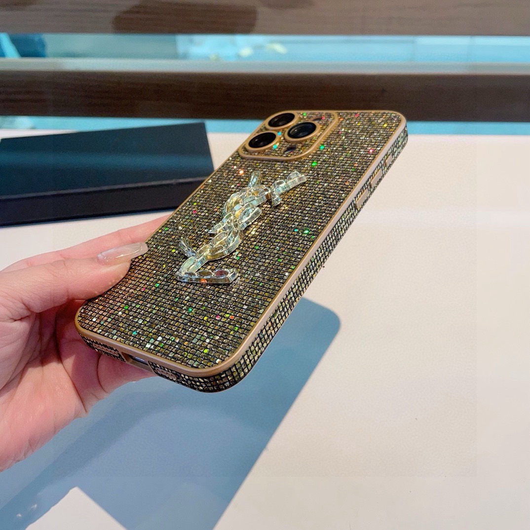 YSL Full Bling Glitter Diamond 3D Metal Logo Luxury Shockproof Phone Case