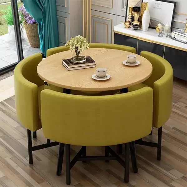 Small Round Wooden Dining Table Set with 4 Upholstered Chairs