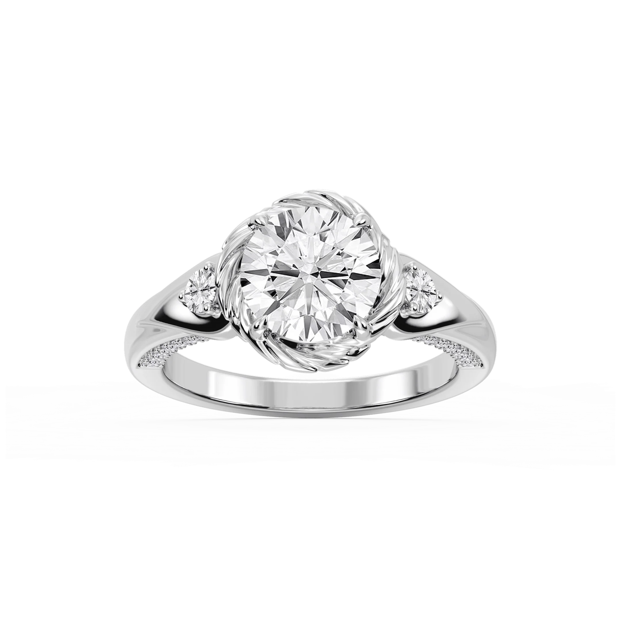 Mabel Round Lab Grown Diamond Swirl Halo Three Stone Engagement Ring