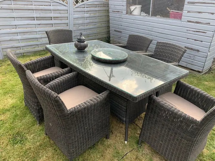 Rattan Garden Dining Table & 6 Chairs with Cushions