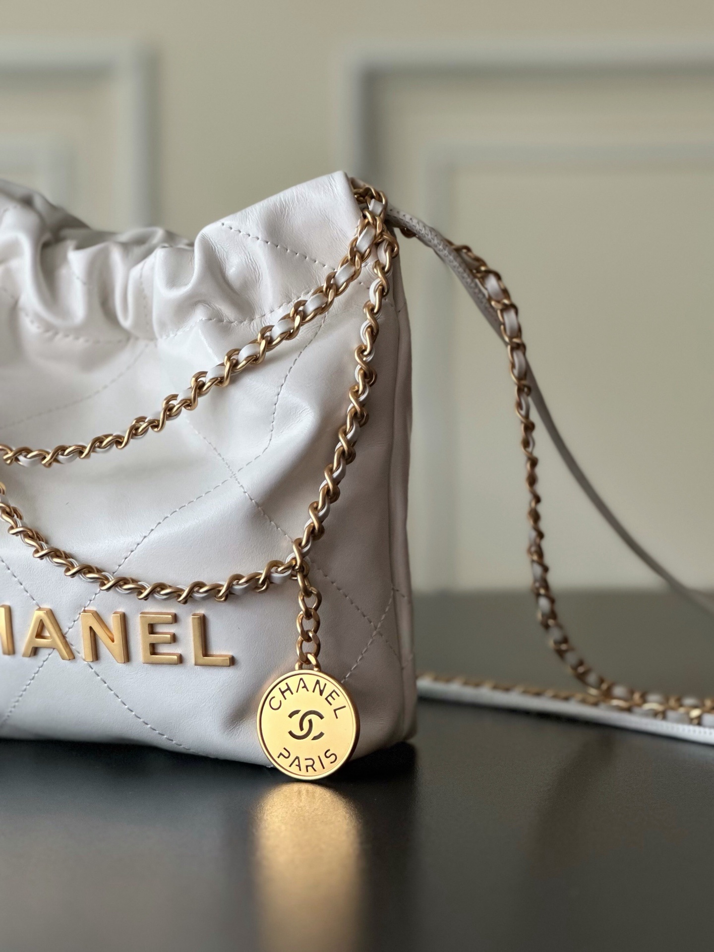 Chanel Drawstring Logo Bag White detail 2