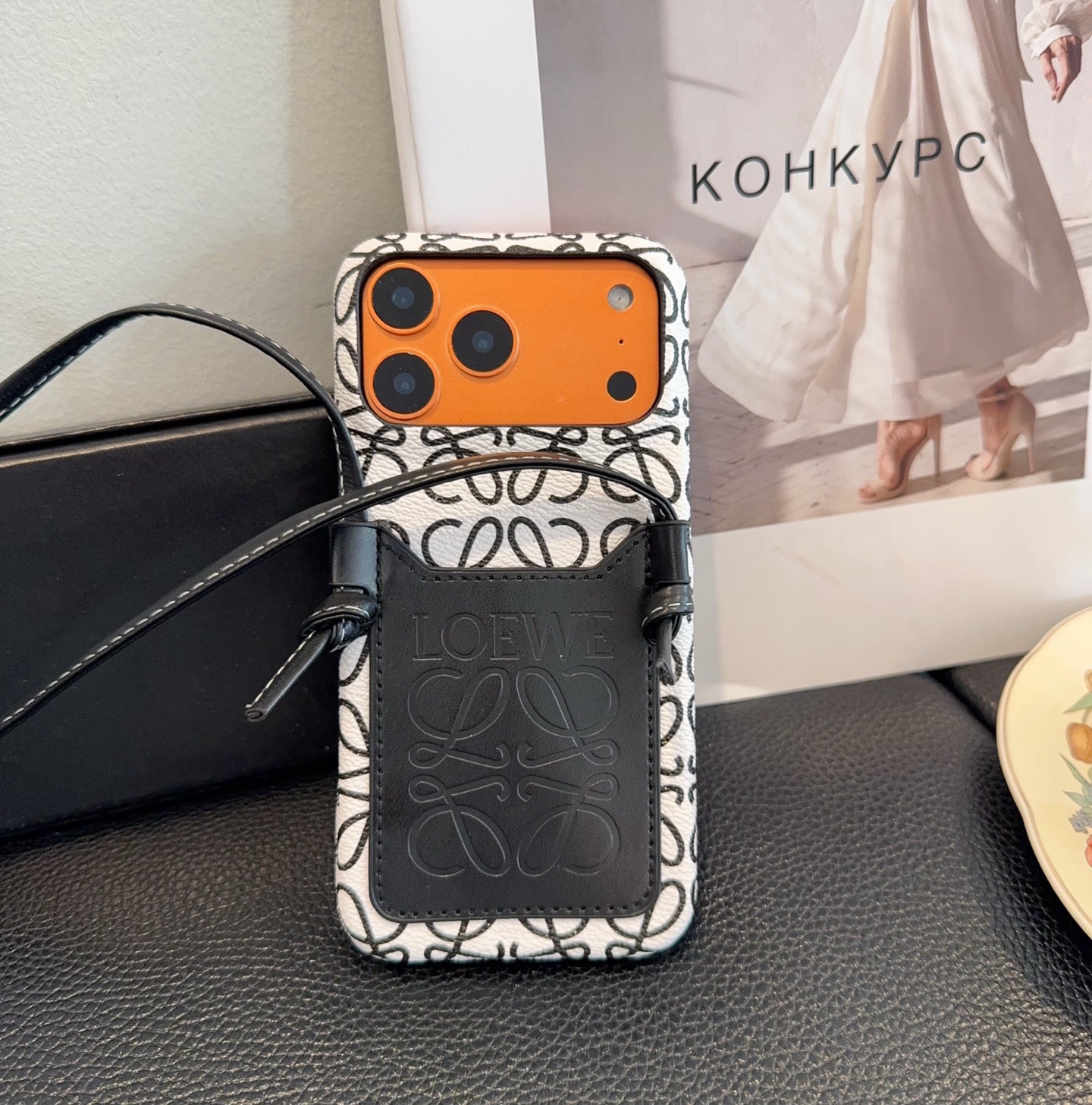 Loewe Style Anagram Embossed Card Holder Crossbody Phone Case