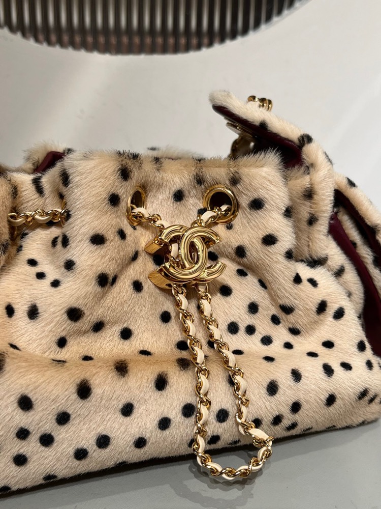 Chanel Mini 25 Spotted Shearling Fur Drawstring Bucket Bag Chain Shoulder Bag