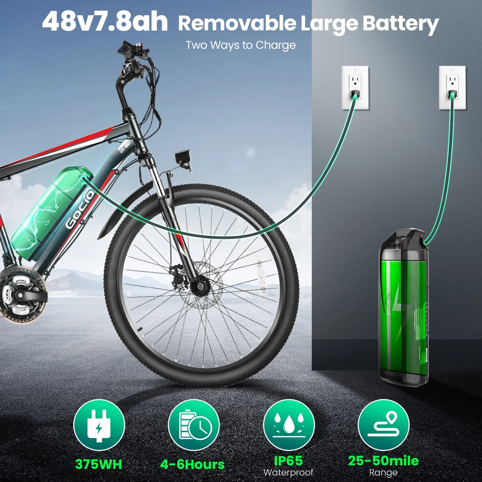 Gocio 26in Electric Mountain Bike, 500W, 48V 375Wh, 21-Speed