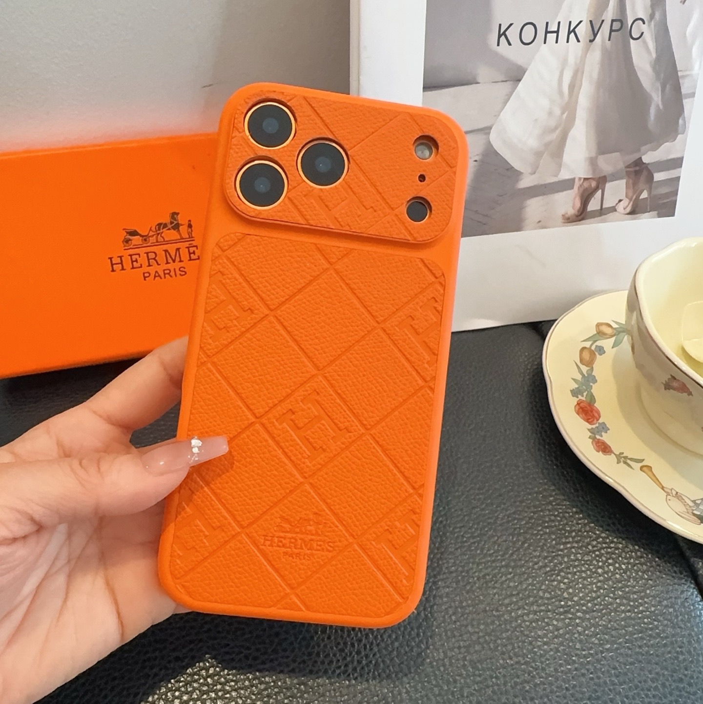 Hermès Style Embossed Leather Texture Full Cover Phone Case