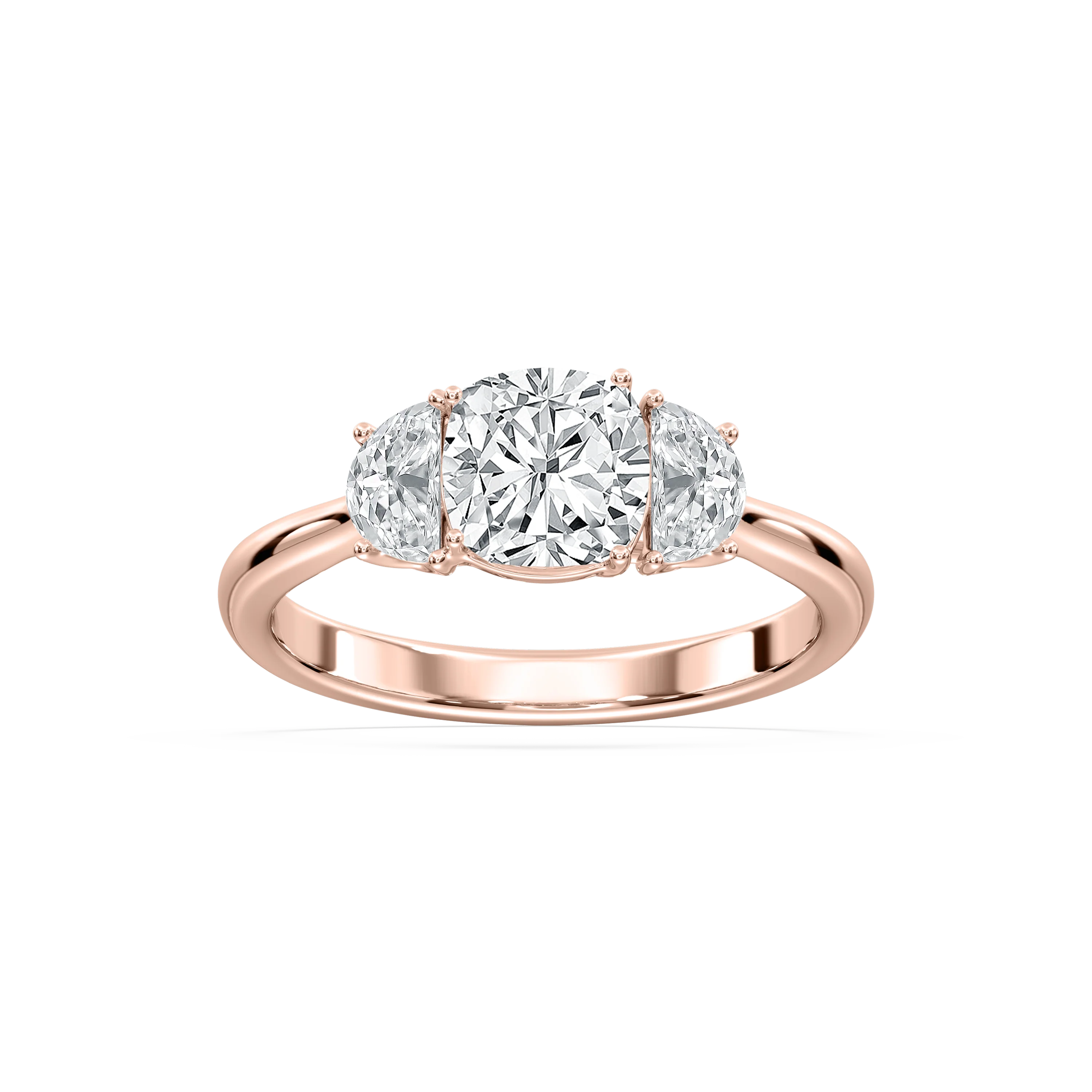 Mara Cushion Lab Grown Diamond with Half Moon Sides Trellis Three Stone Engagement Ring