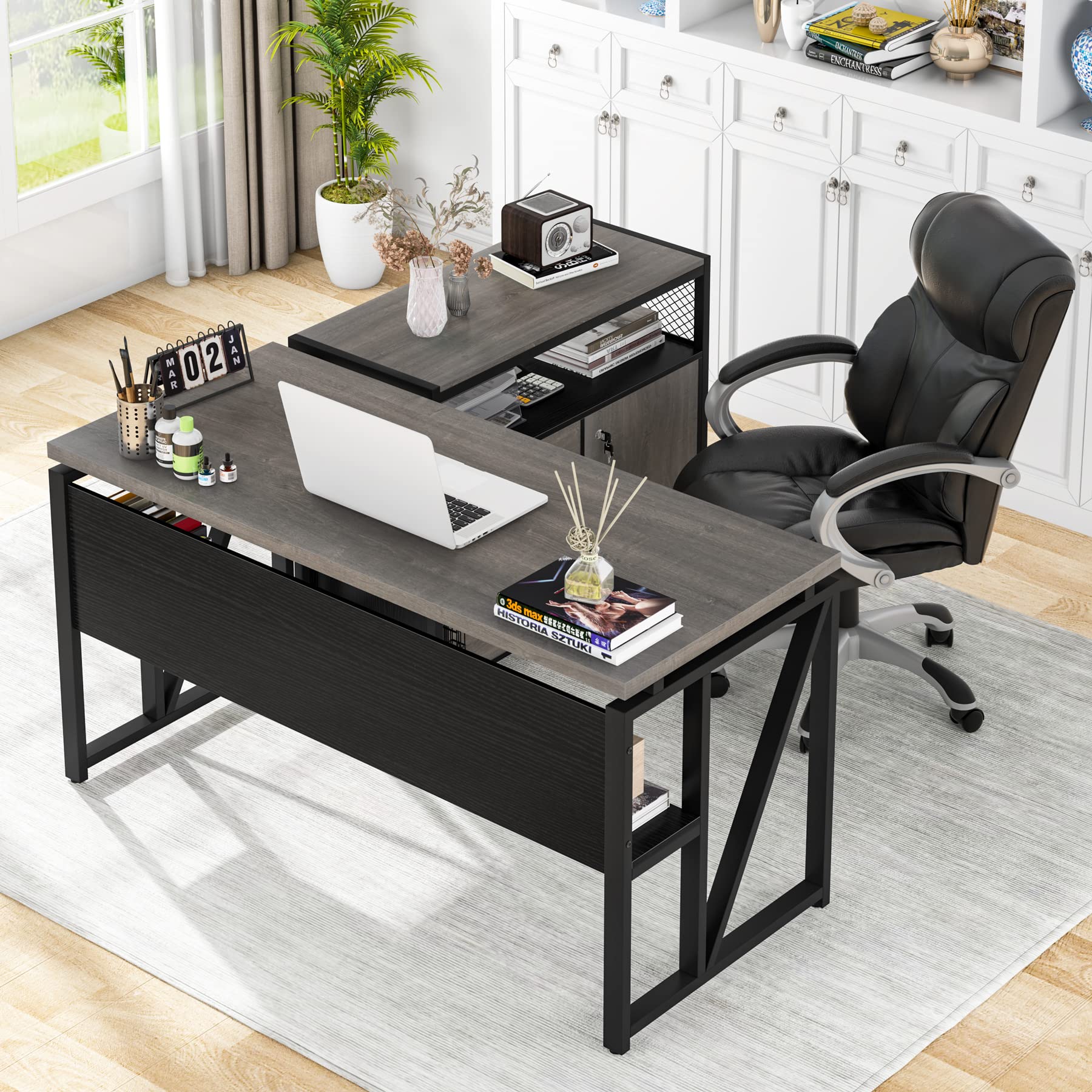 L Shaped Desk with Drawer Cabinet