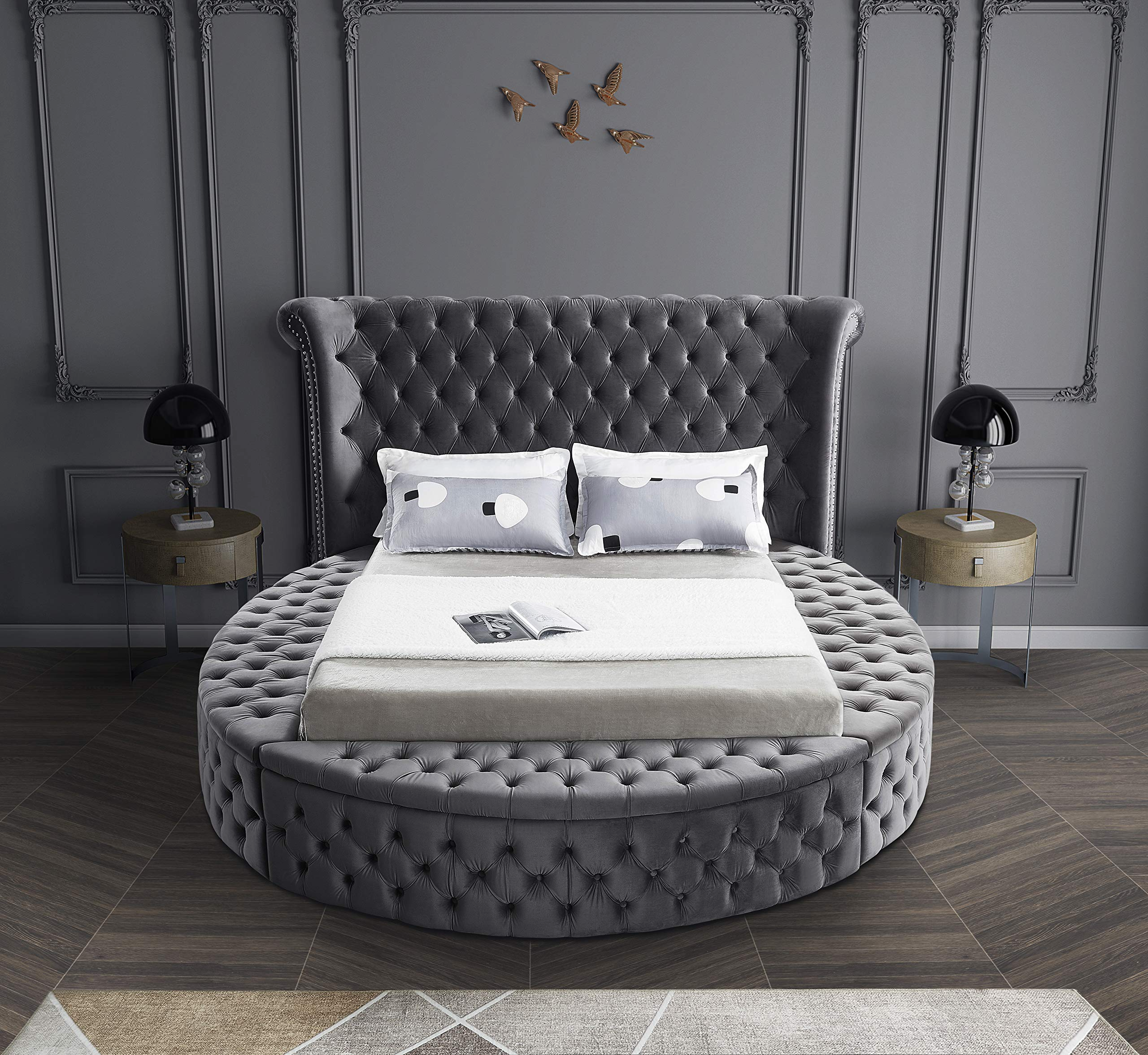 Contemporary Round Shaped Velvet Upholstered Bed with Deep