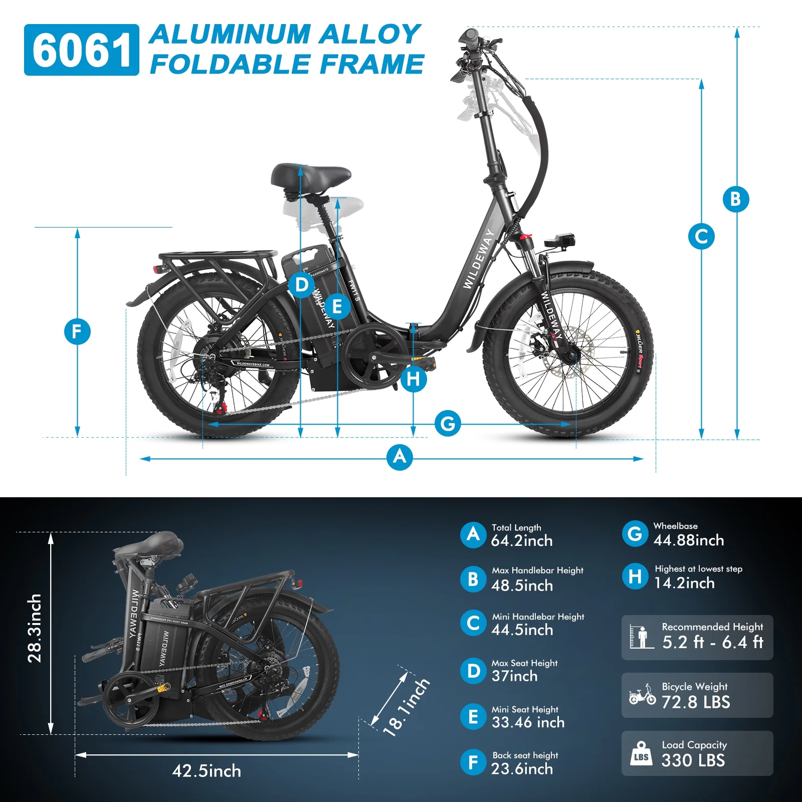 Wildeway 20in Folding Electric Bike, 750W, 48V 32Ah, Hydraulic Brakes