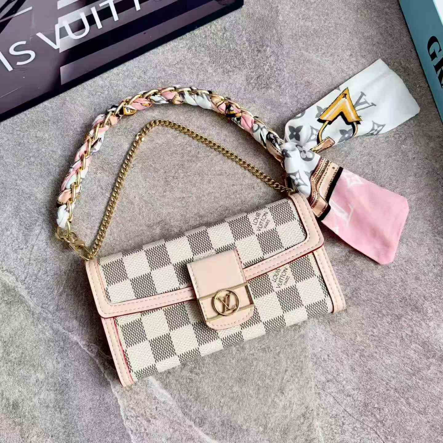 LV Monogram Baguette Shoulder Bag Mini Flap Handbag With Silk Scarf Chain Strap