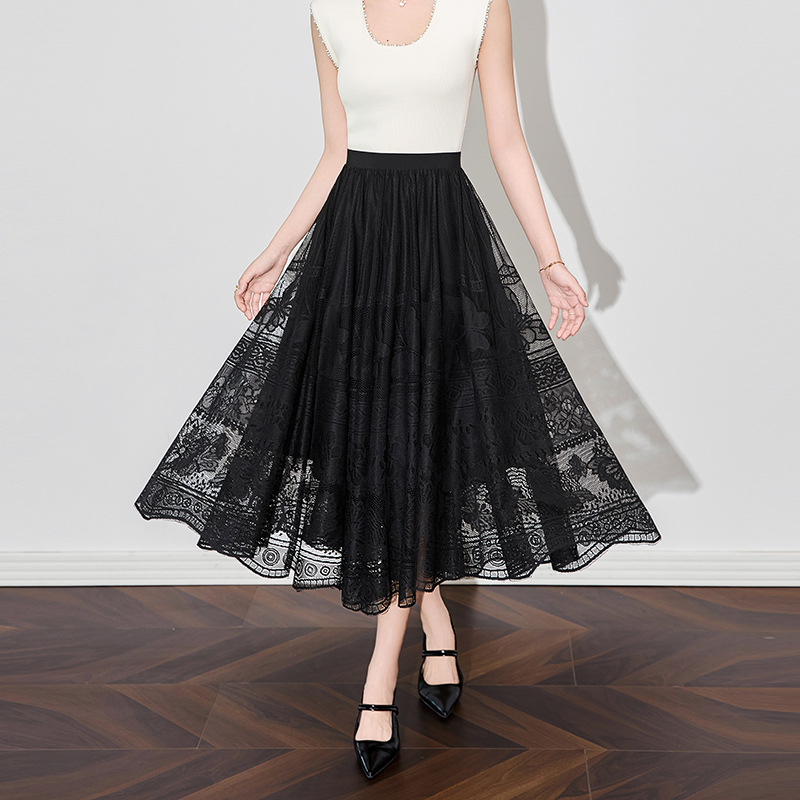 Elegant Butterfly Embroidery Lace Net Half Skirt Umbrella Hemline Women's New Style Polyester Fabric Midi Skirt