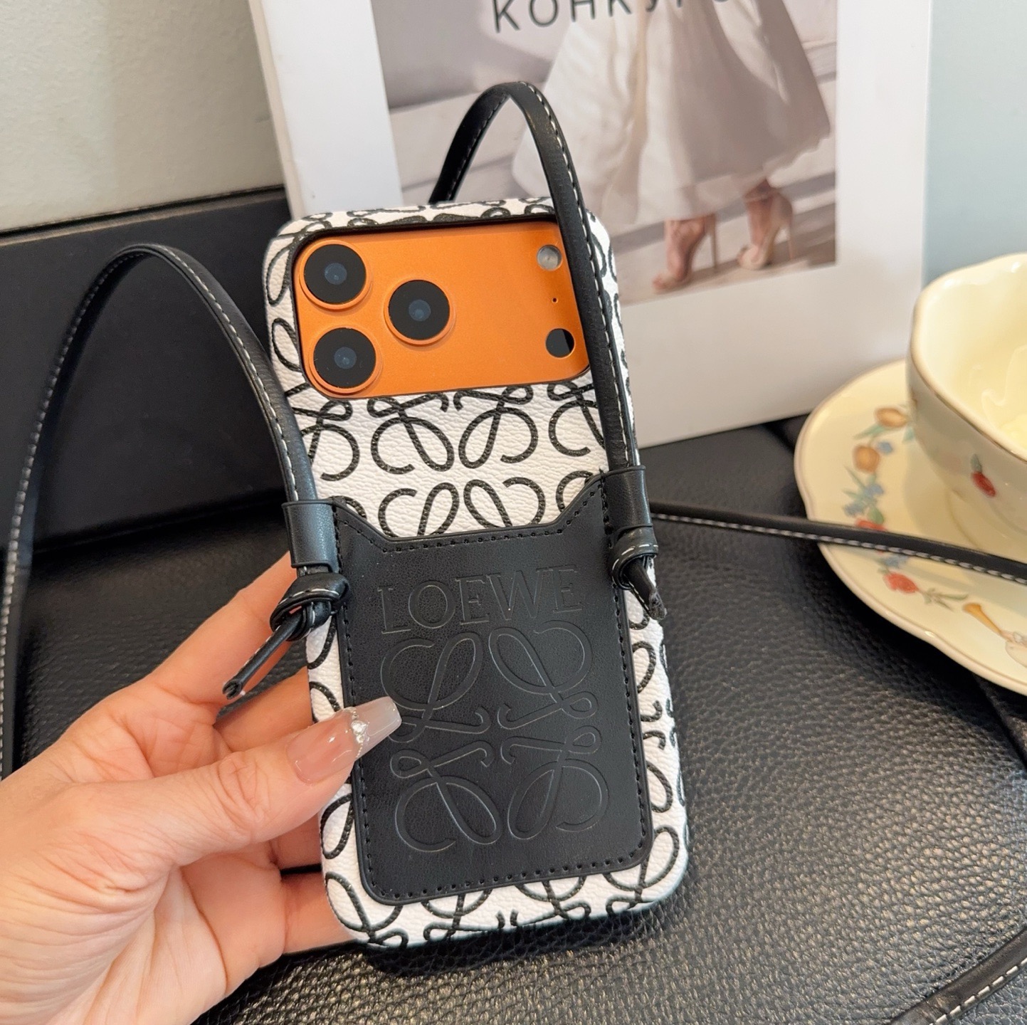 Loewe Style Anagram Embossed Card Holder Crossbody Phone Case