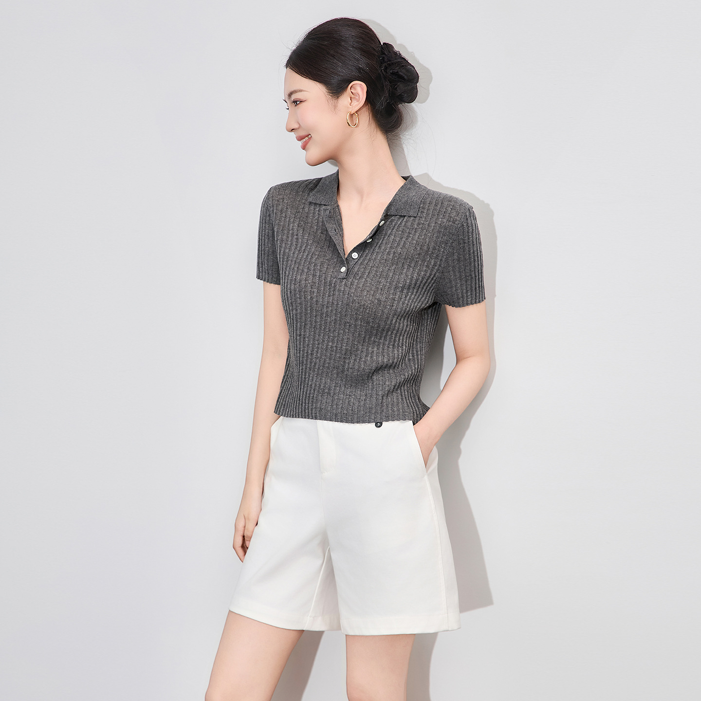 Women's Skinny Tshirts Blouse Tees Pure Color Commute Shorts Sleeve Slim Fit Summer Ladies Tops