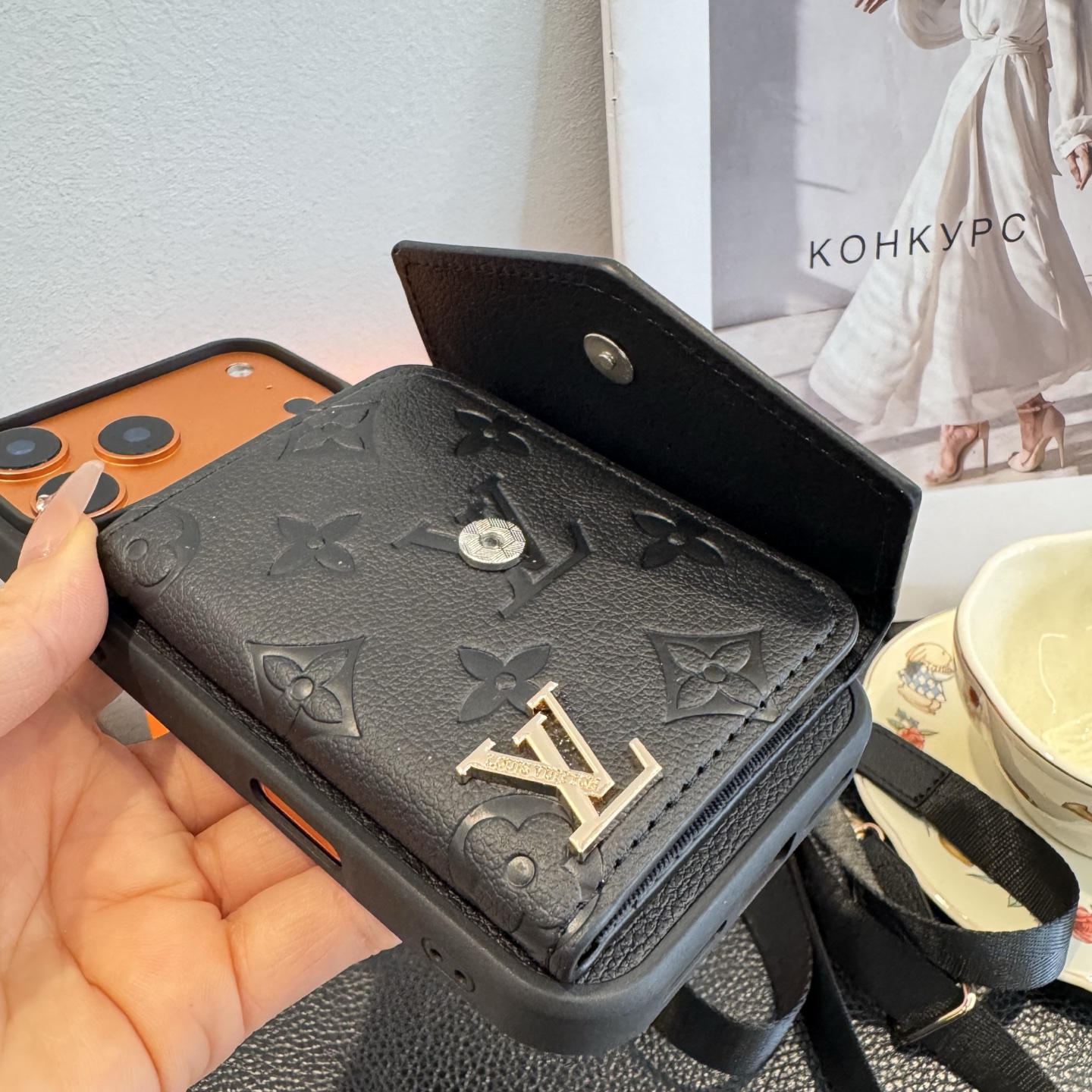 Louis Vuitton Embossed Monogram Card Holder Crossbody Strap Luxury Phone Case