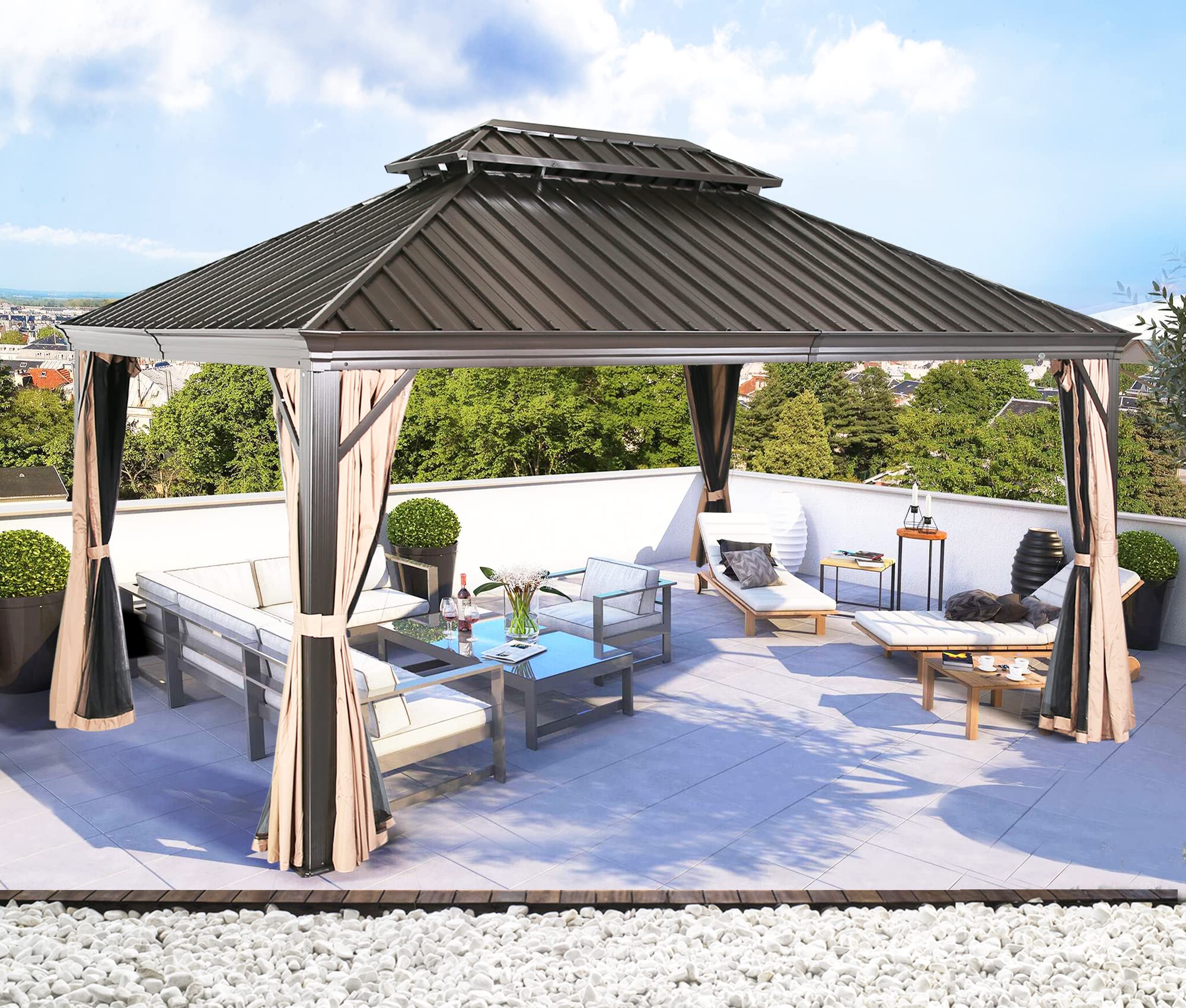 Hardtop Gazebo with Netting and Curtains for Patios