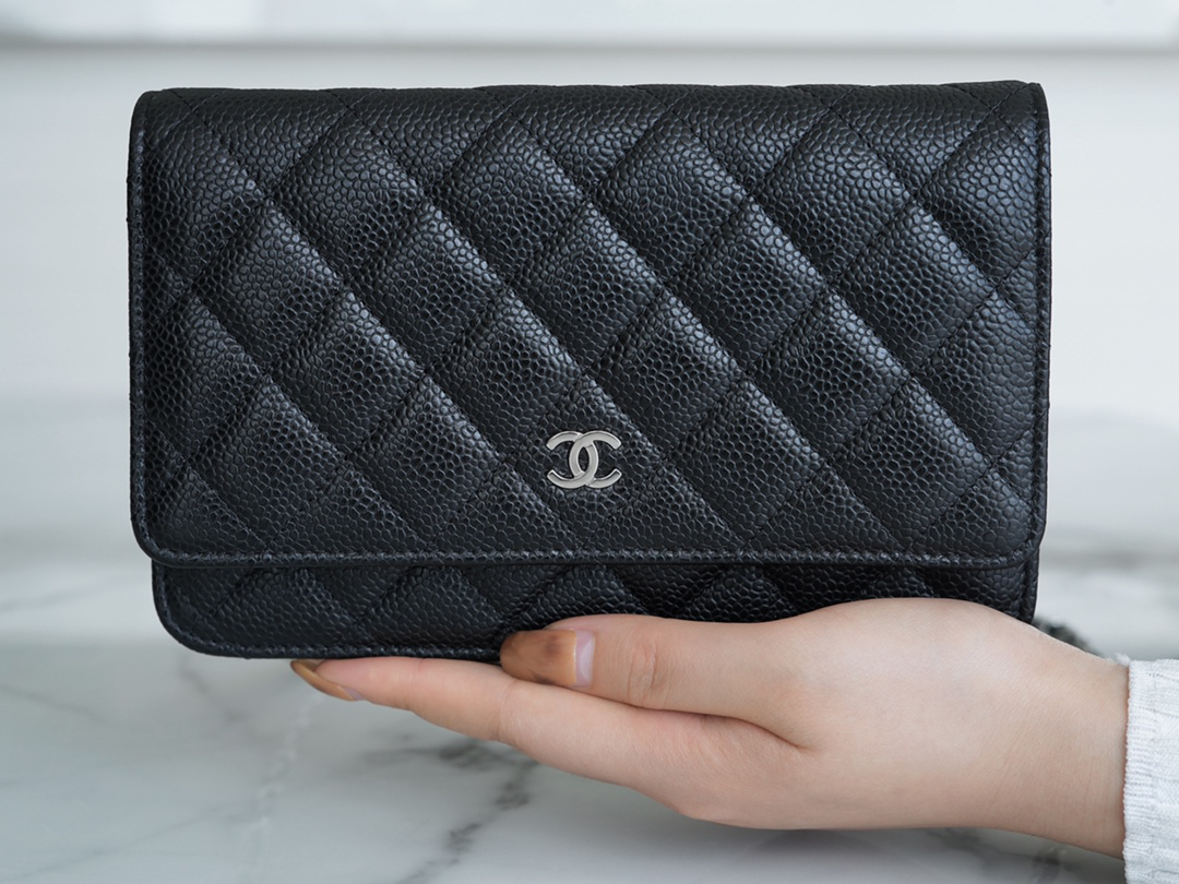 Chanel Classic Caviar Leather Quilted WOC Silver Hardware Crossbody Bag
