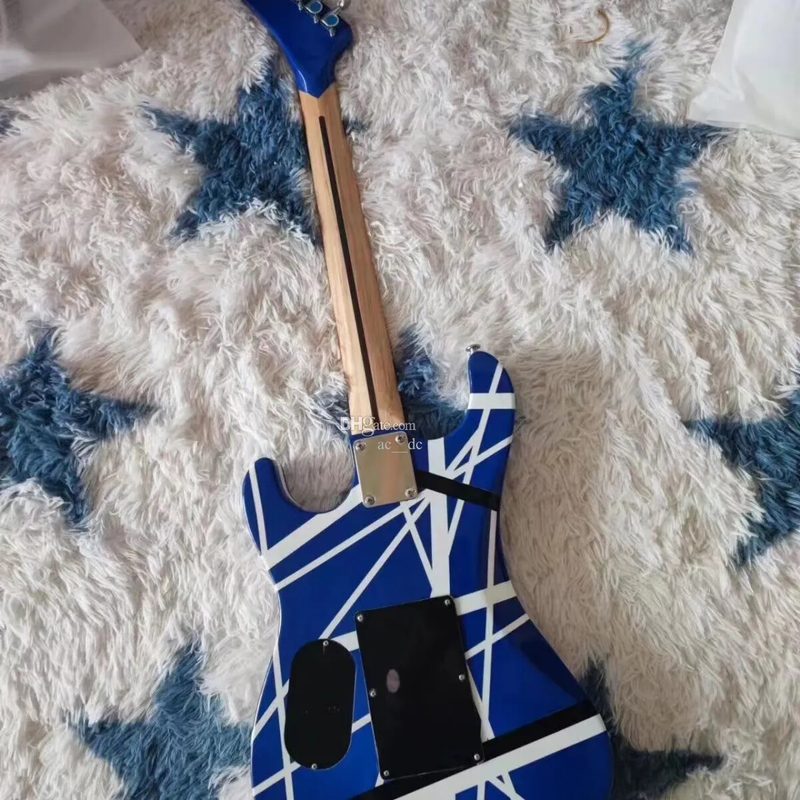 Blue Electric Guitar Black White Stripes,Floyd Rose Tremolo Bridge Locking Nut