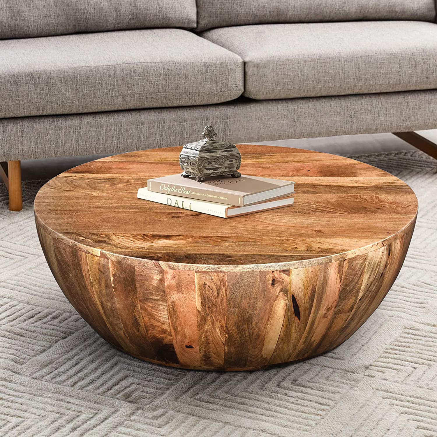 Drum Shape Wooden Coffee Table with Plank Design Base
