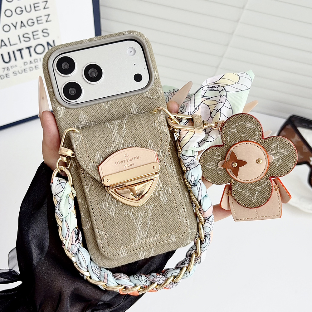 LV Monogram Denim Card Holder Phone Case With Chain Wrist Strap Vivienne Flower Charm