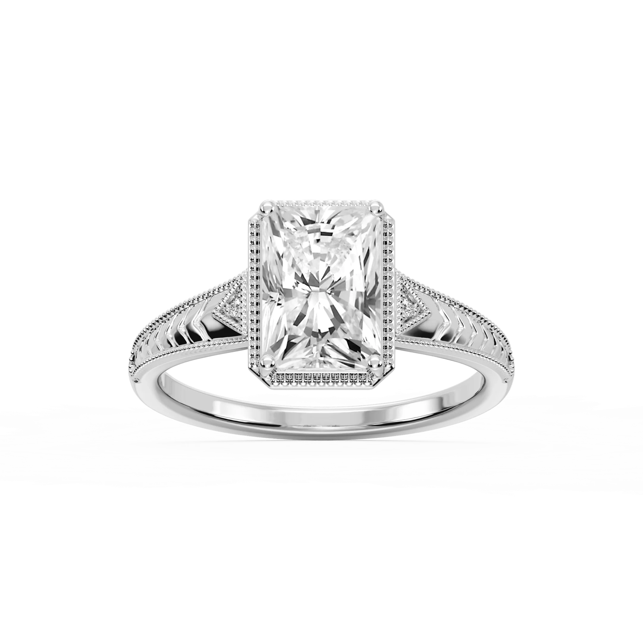 Florence Radiant Lab Grown Diamond Milgrain Bezel Three Stone Engagement Ring