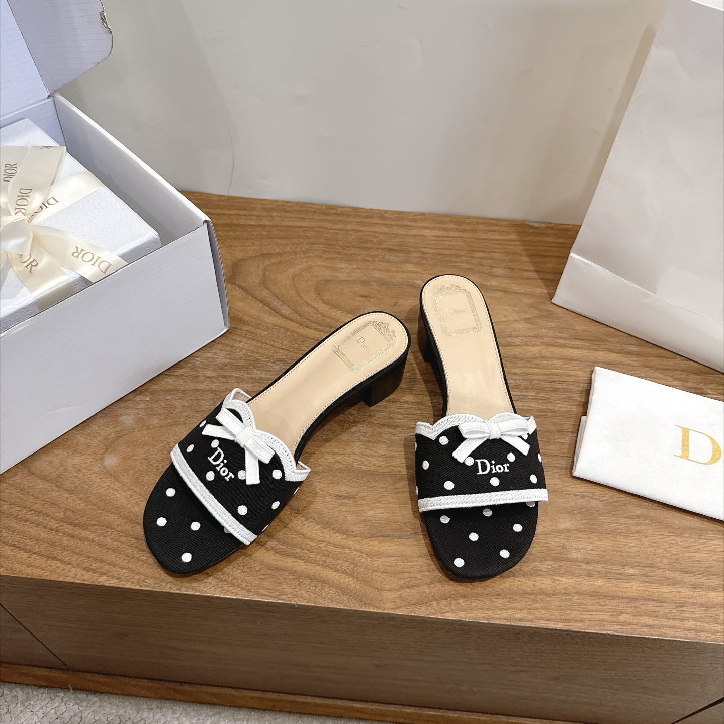 Dior Dway Heeled Slide, Polka Dior embroidery bow sandals