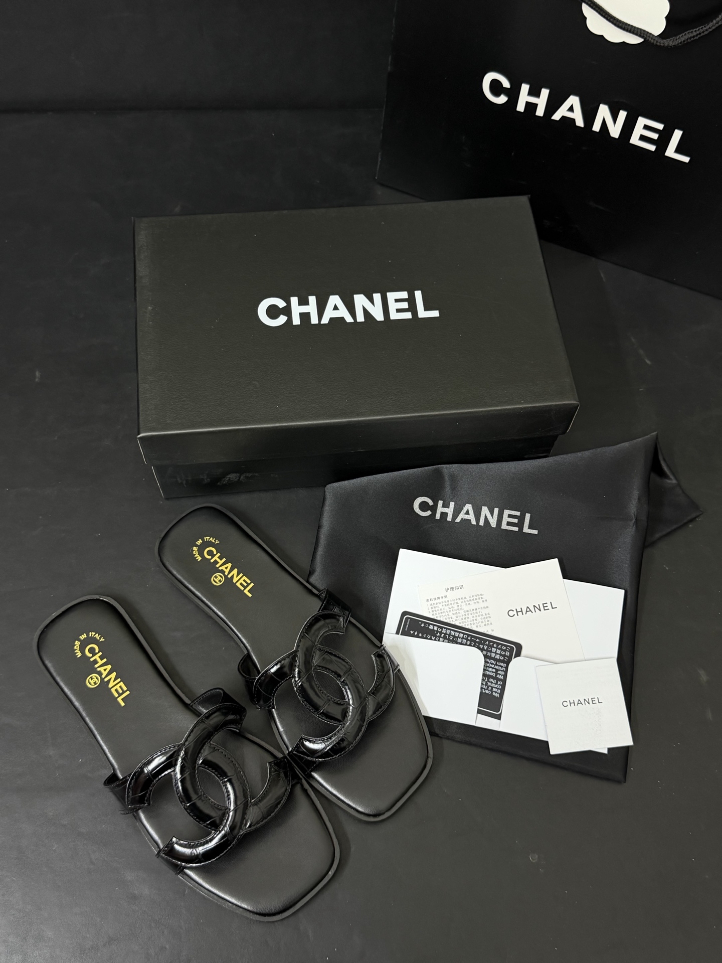 Chanel Logo-Strap Slide Sandals - Black & White