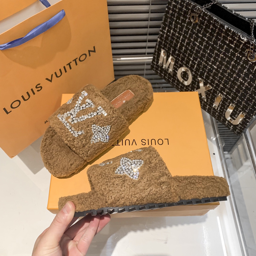 Louis Vuitton Style Shearling Slide Slippers with Crystal Strass LV Monogram
