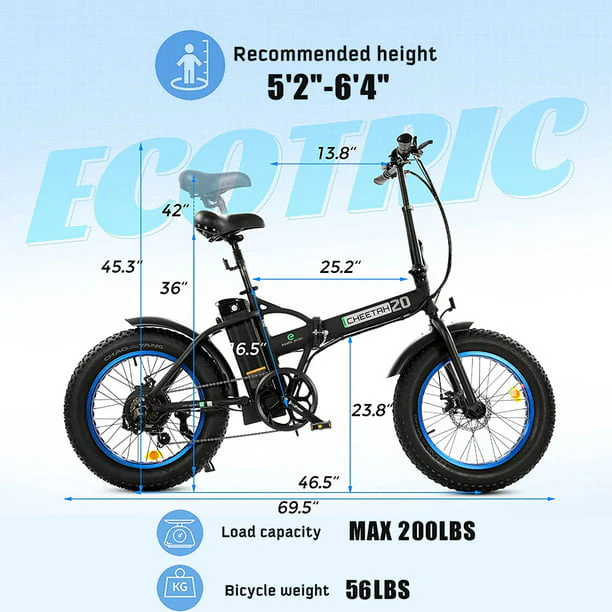 ECOTRIC 20in Folding Fat Tire Electric Bike, 500W, 36V 12Ah, Black/Blue