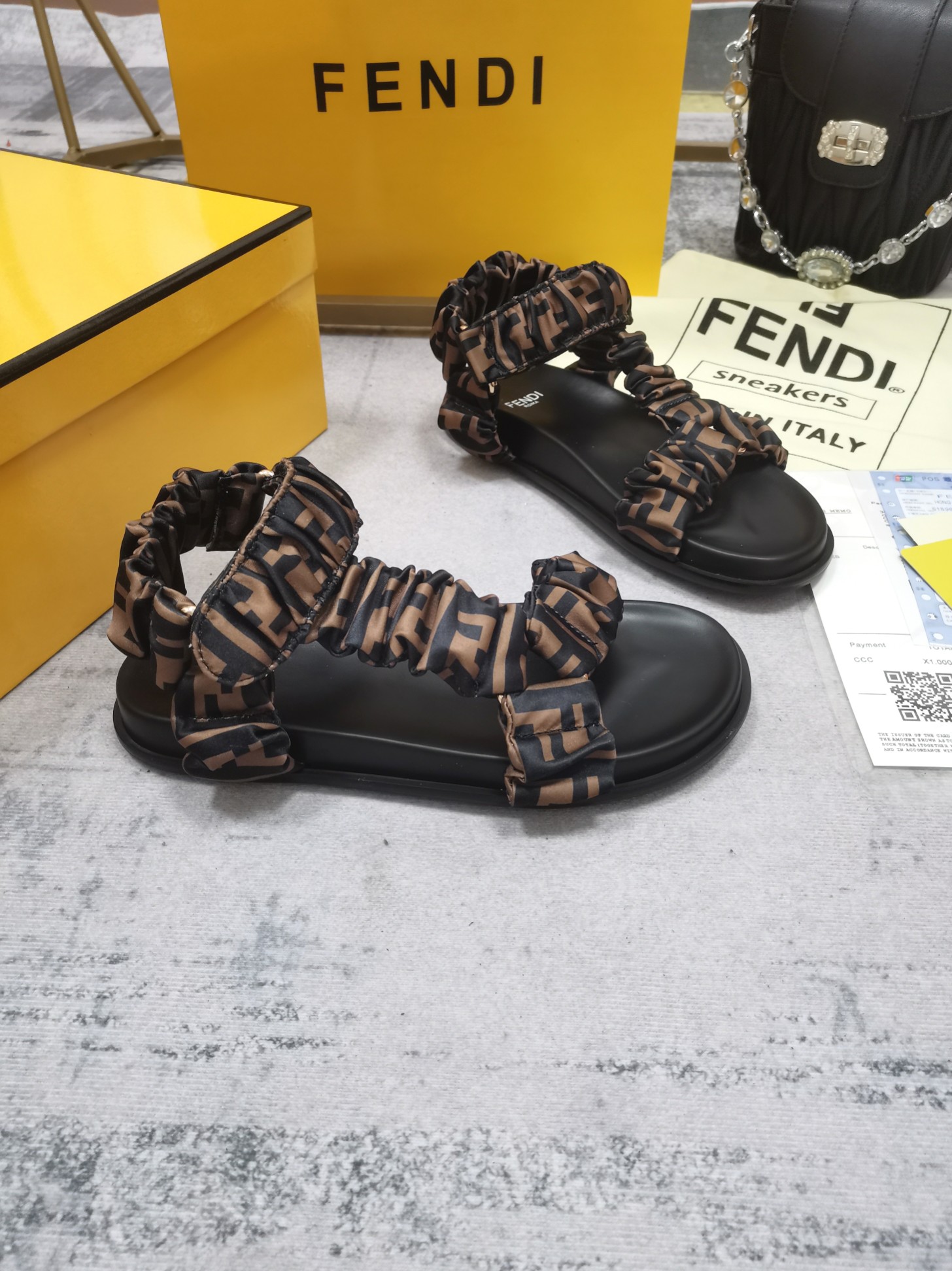 Fendi FF Zucca Ruched Satin Slide Sandal