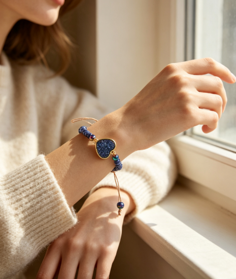 Natural Blue Sodalite Heart Druzy Charm Bracelet Handmade Women Boho Bracelet