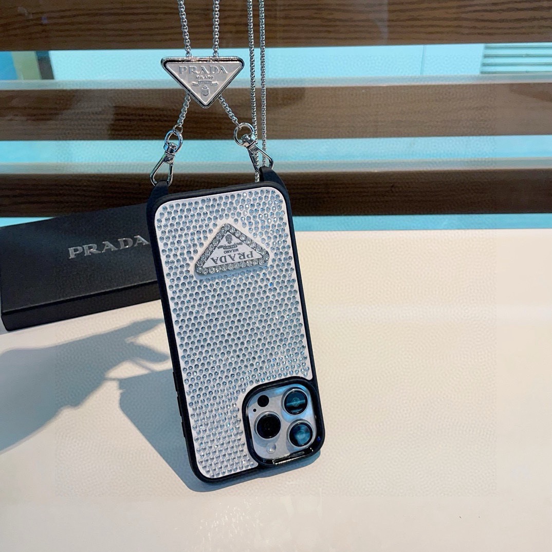 Prada Style Full Diamond Glitter Phone Case With Crossbody Chain Strap