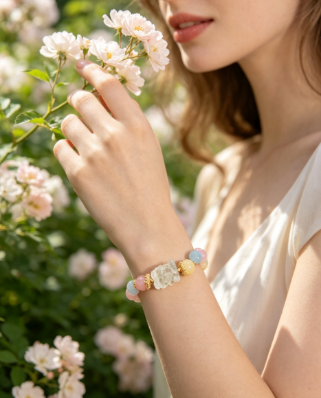 Multi‑Color Crystal Beaded Bracelet, Clear Carved Charm Natural Stone Bracelet for Women