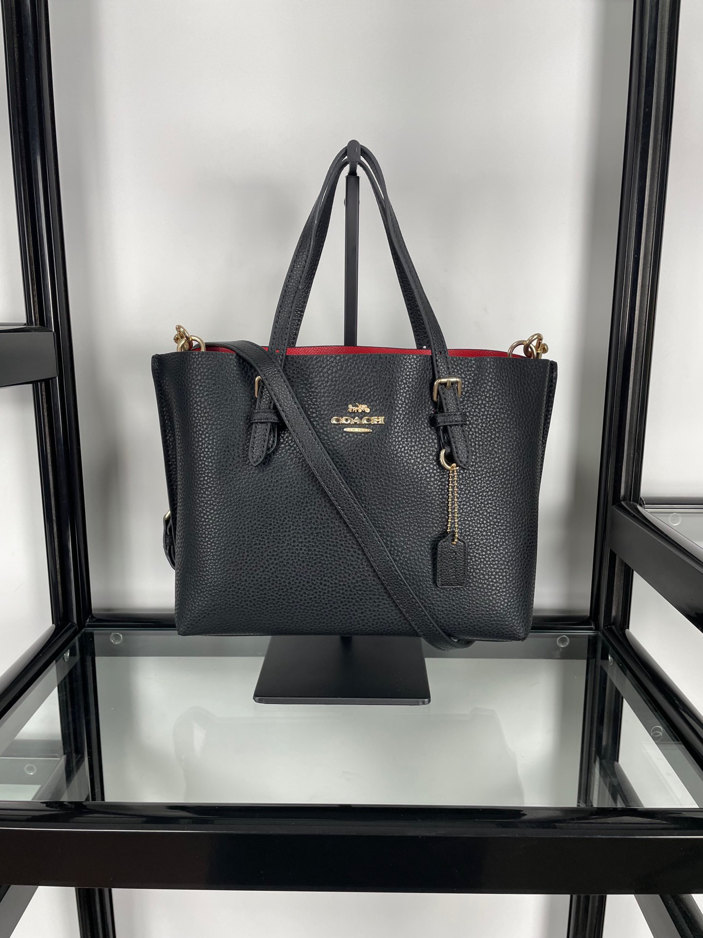 Coach Mollie Tote 25 black leather red interior C4084