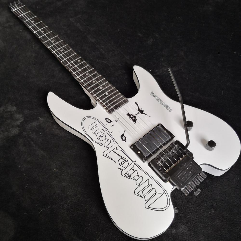 Hand Painted Lion White Headless Electric Guitar Vibrato Bridge&amp;percussion Stick