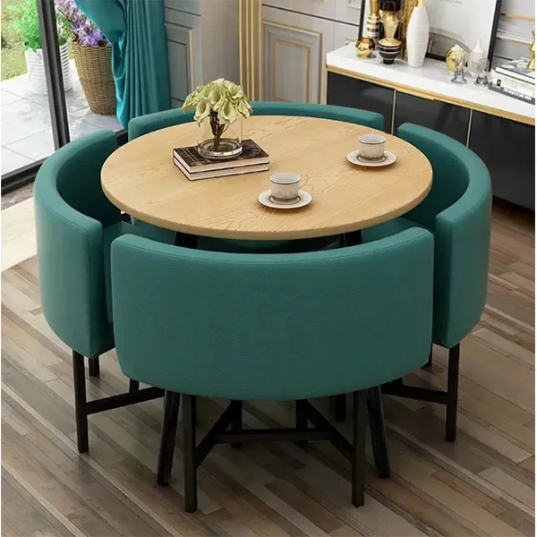 Small Round Wooden Dining Table Set with 4 Upholstered Chairs