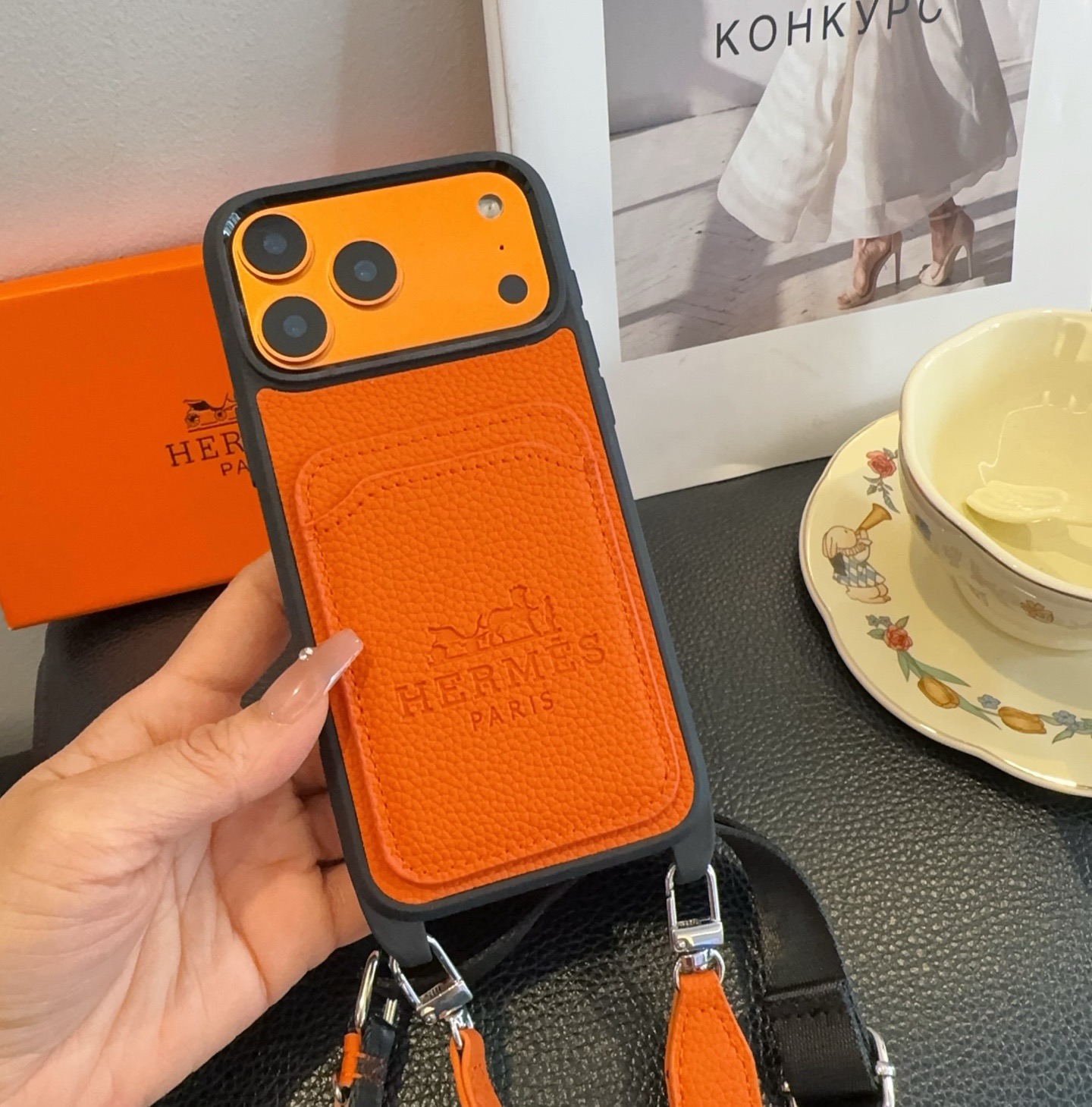 Hermès Paris Embossed Leather Card Pocket Crossbody Luxury Phone Case