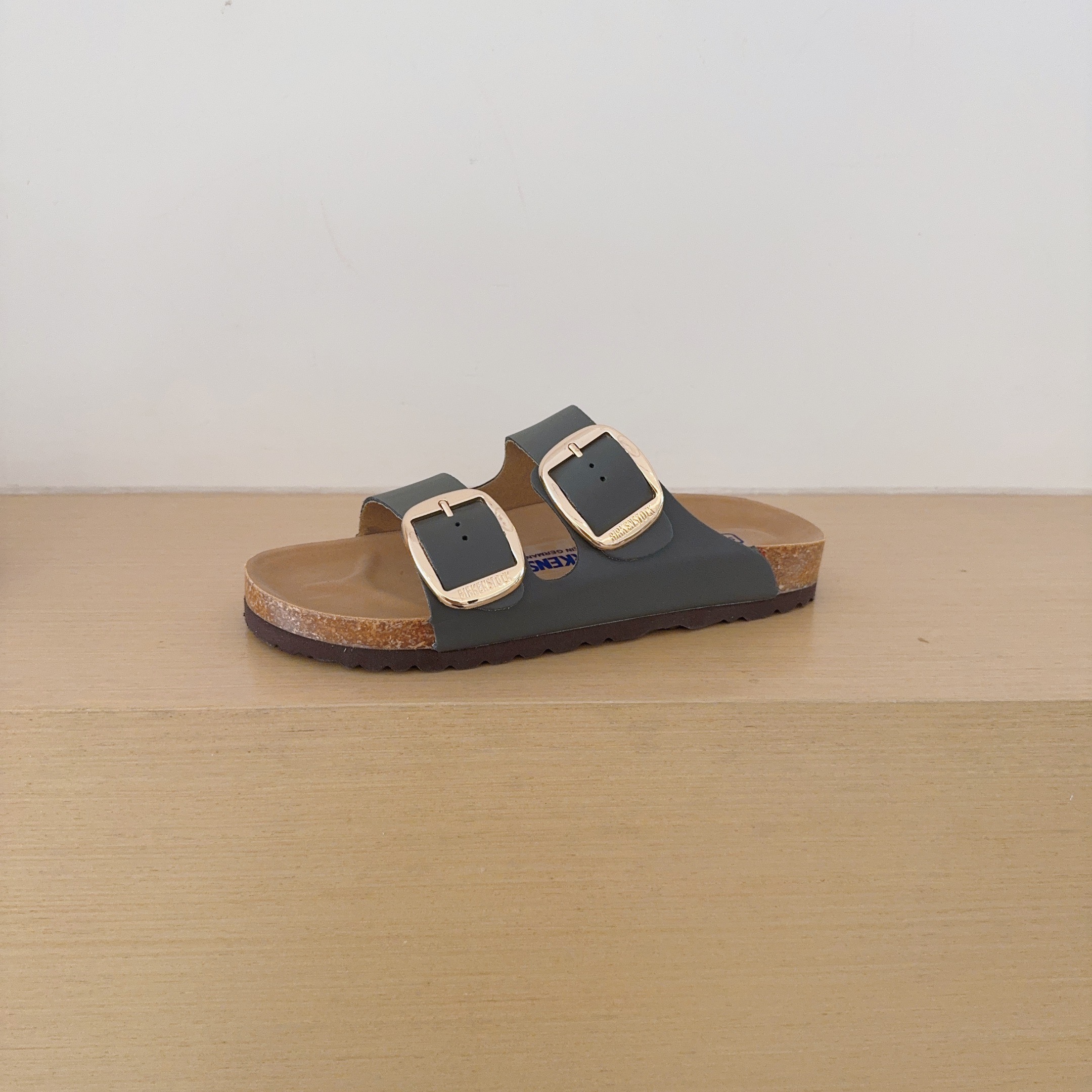 Round Gold Buckle Birken-Style Two-Strap Sandals