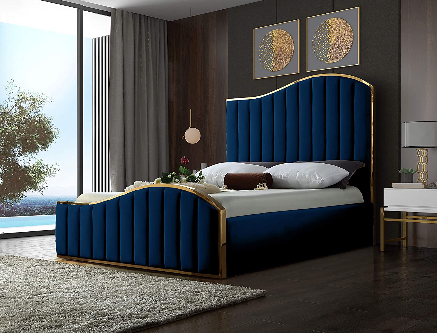 Contemporary Velvet Upholstered Bed With Channel Tufting &